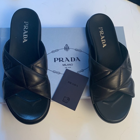 Prada Black Leather Monogram Sandals Size 8 Excellent Condition - Picture 1 of 15